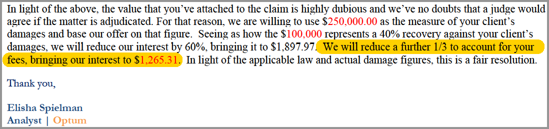 email from Optum accepting reduced payback amount from car accident settlement and rationale