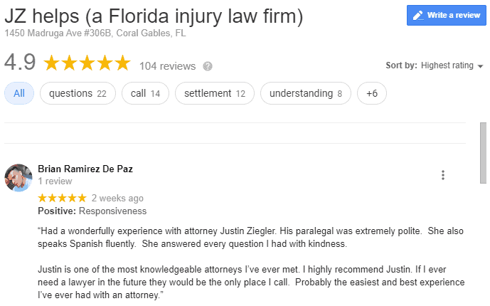 JZ helps (a Florida injury law firm) 4.9 ratings on Google Maps