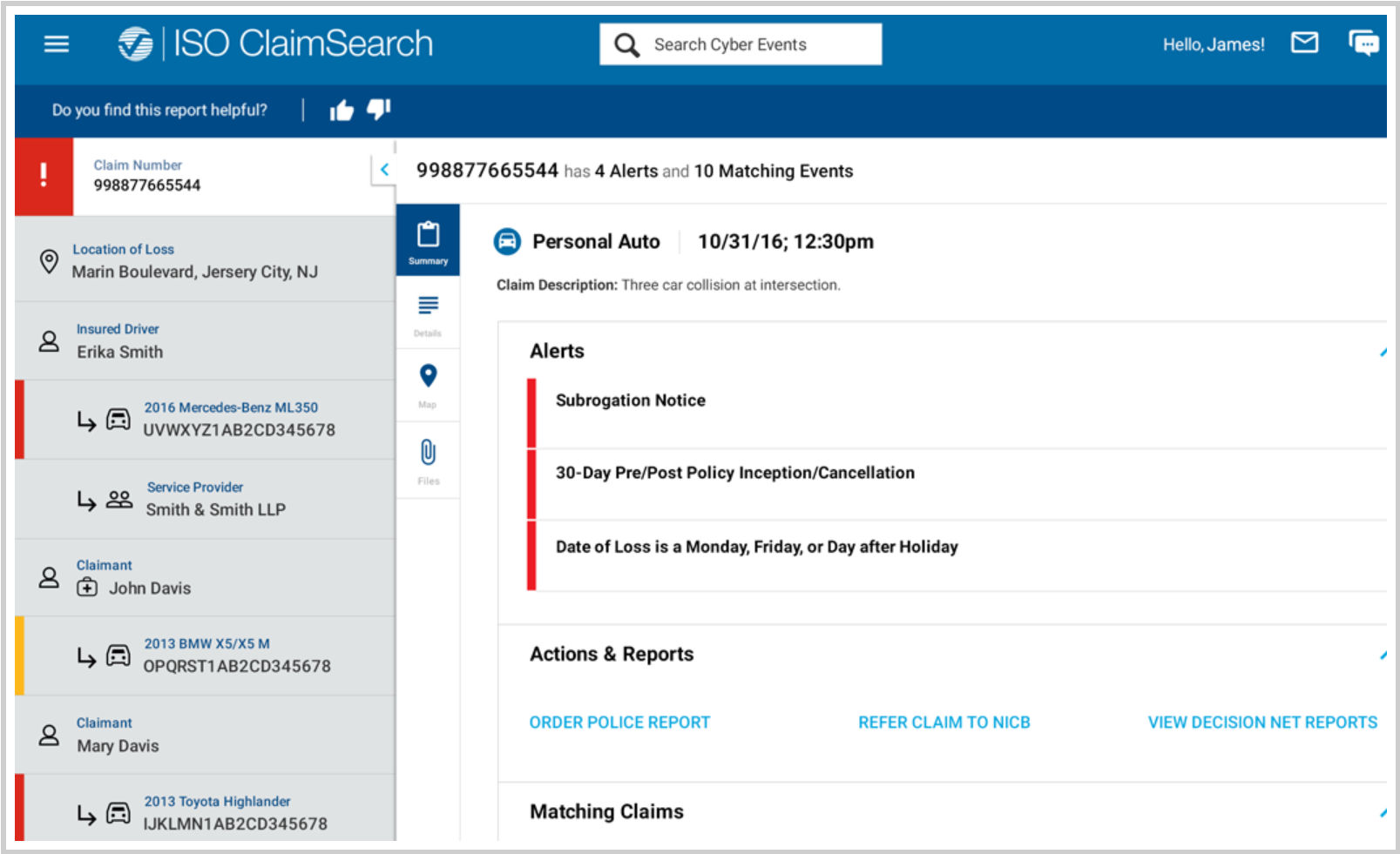 ISO ClaimSearch showing alerts that may be insurance claim fraud