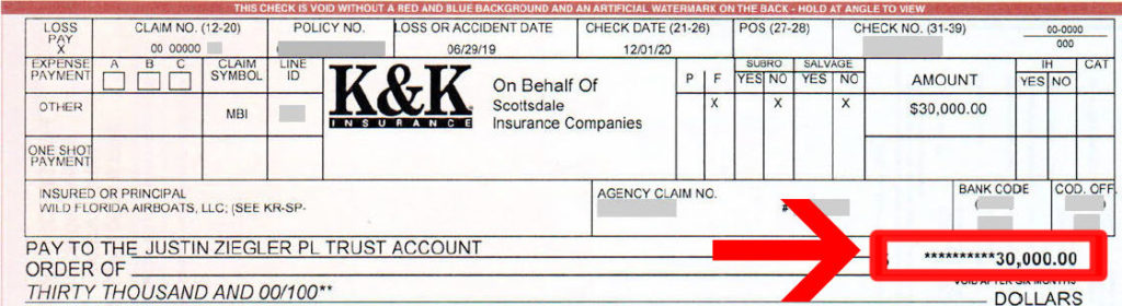 K & K insurance (Scottsdale Insurance Companies) $30K settlement check to attorney Justin Ziegler