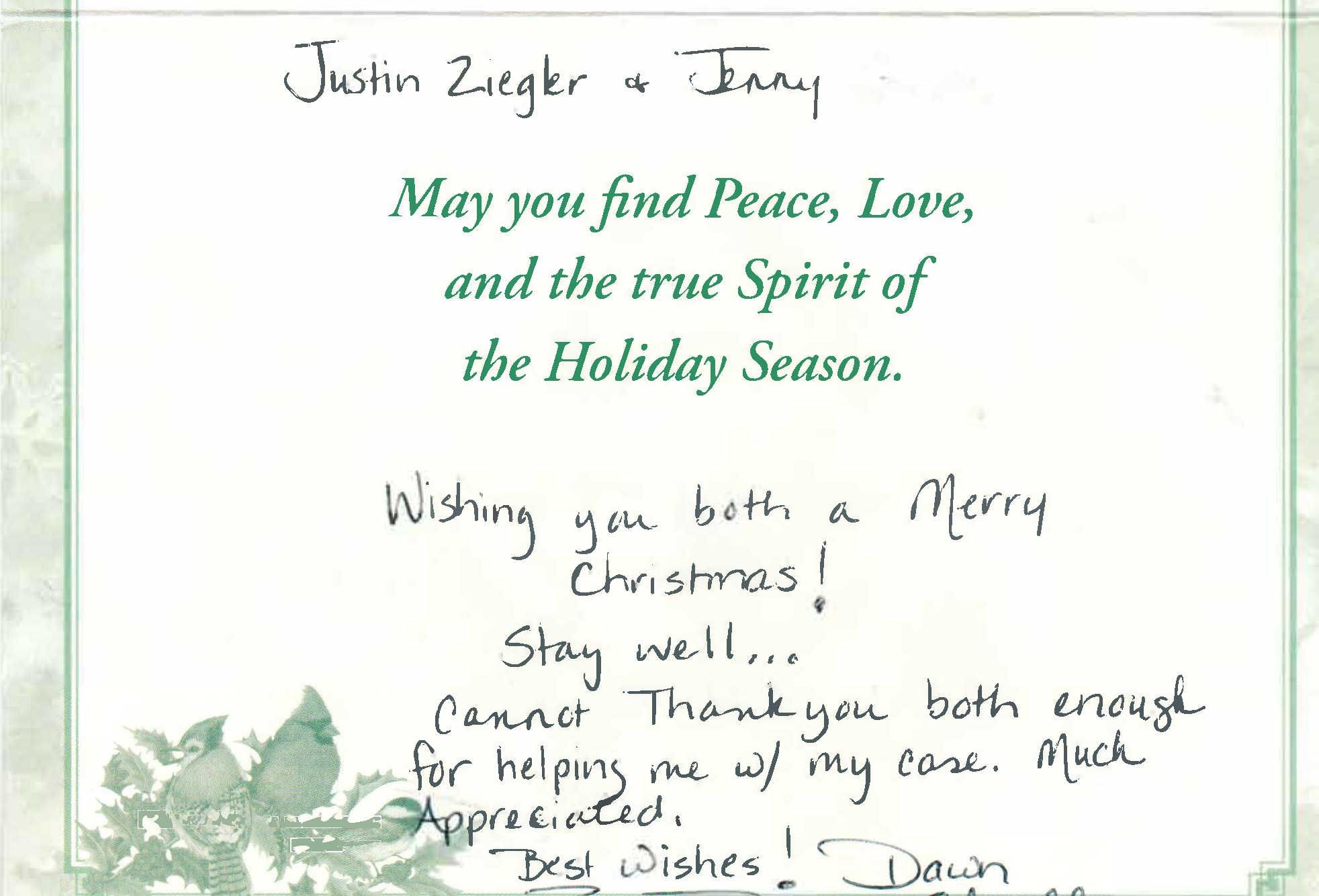 Thank you card with review of accident lawyer Justin Ziegler