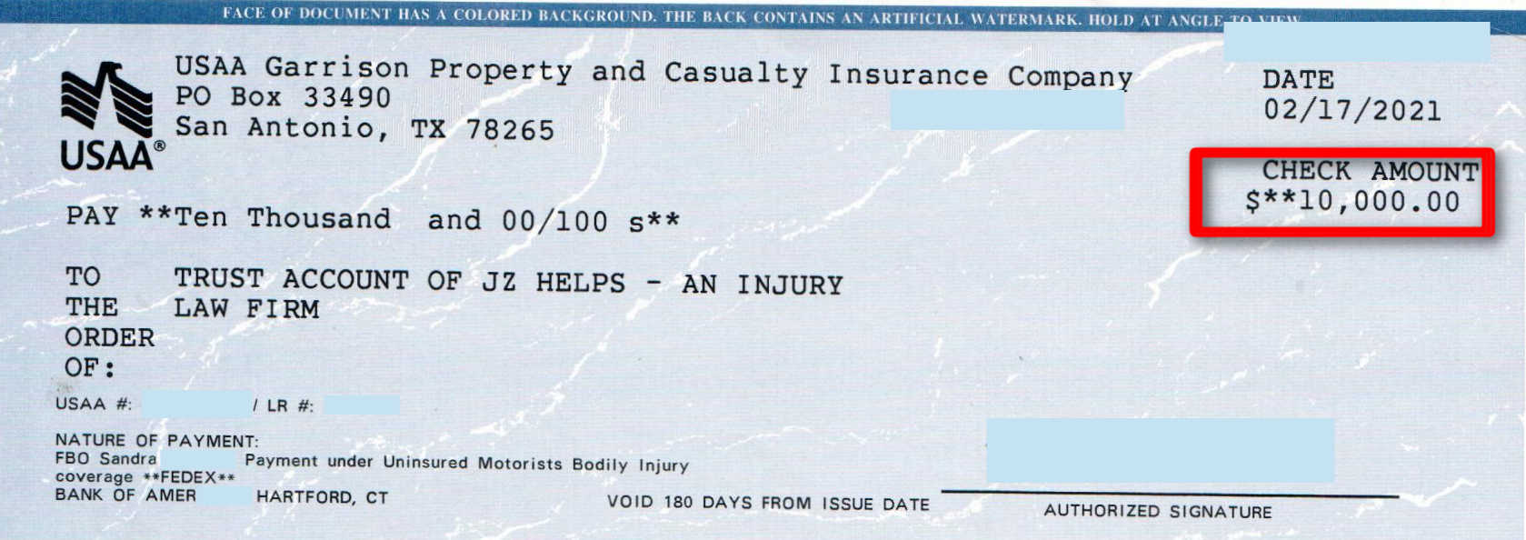 USAA $10K uninsured motorist insurance bodily injury settlement check