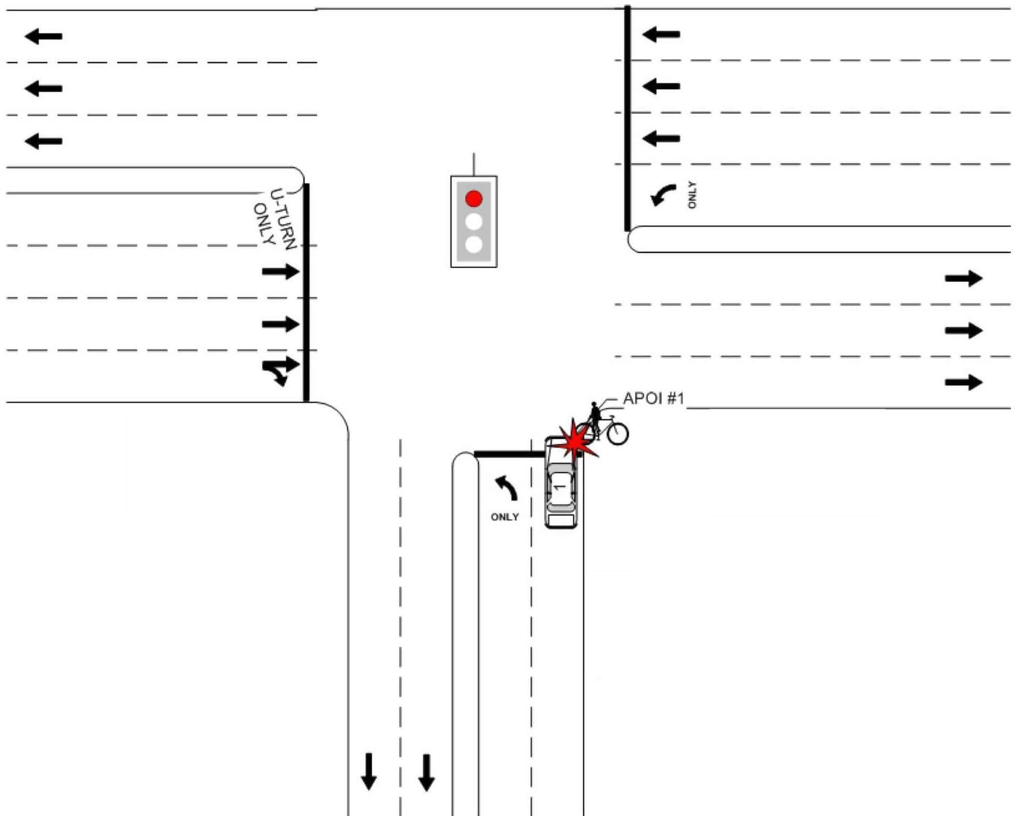 crash diagram where car hit a bike rider who was going through a cross walk.