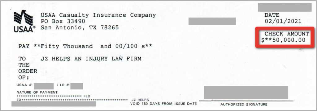 $50K USAA car accident settlement check