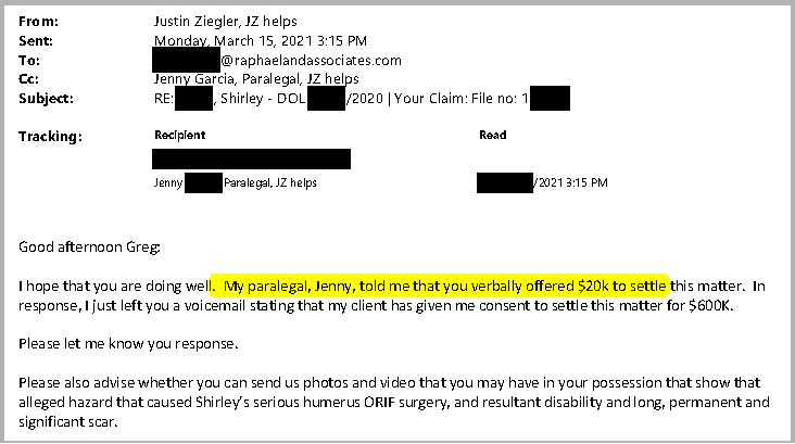 email confirming the hotel insurance company's $20K first offer in a hotel trip and fall case. 