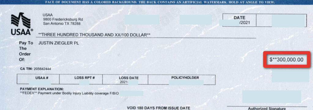 USAA $300,000 settlement check bodily injury liability coverage (2021)