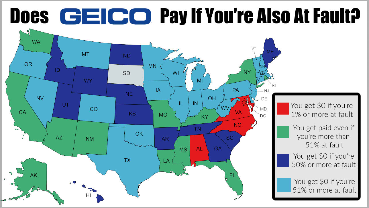 map shows which states GEICO must pay you for a car accident in if you're partly at fault. 