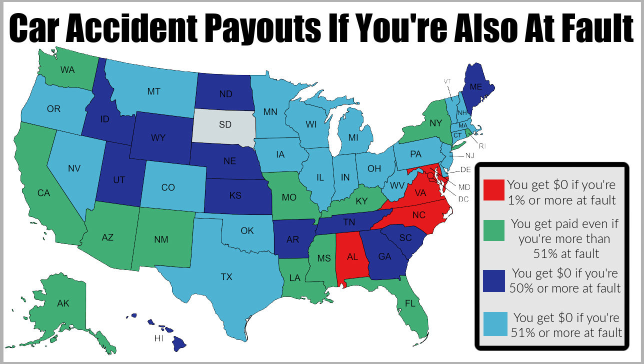 map shows in which states you can still get money for your car accident if you partly at fault  