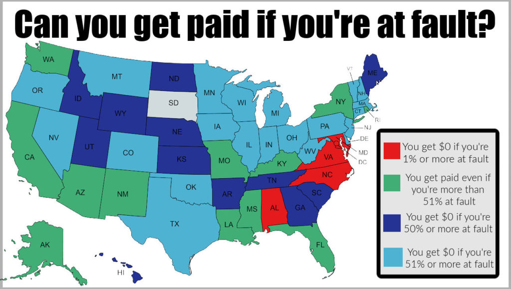 Can you get money for pain and suffering if you partly at fault in the accident? Map showing the different laws in different states in the US