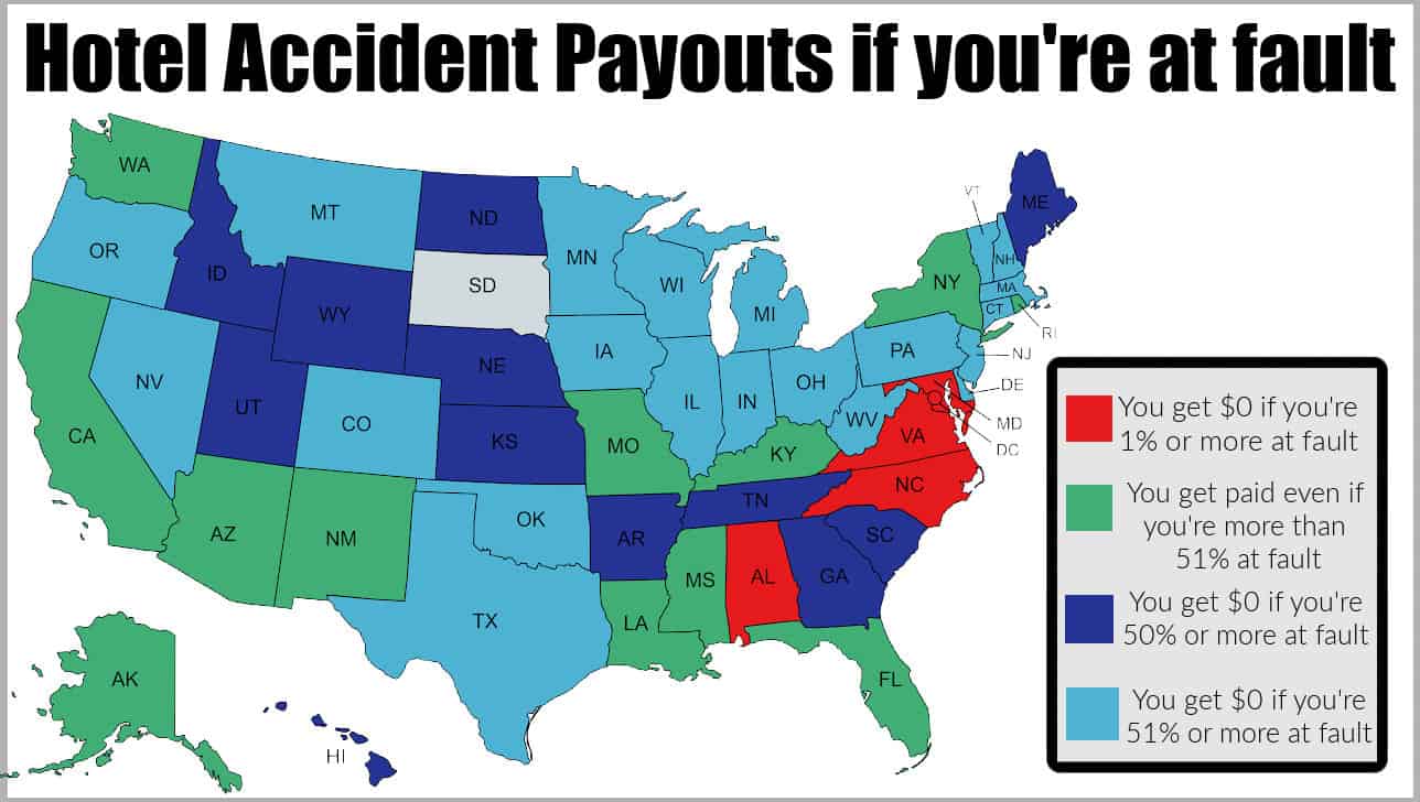 Map shows you in which states a hotel owes you money for your personal injury case even if you're partially at fault in the accident. 