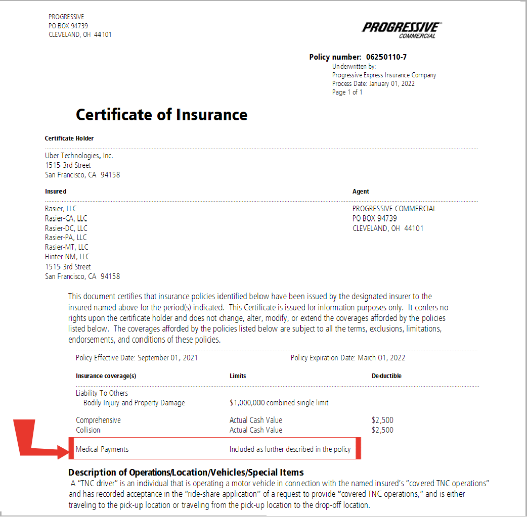 Uber Certificate of Insurance for accidents in Florida in early January 2022 showing Medical Payments coverage has been added
