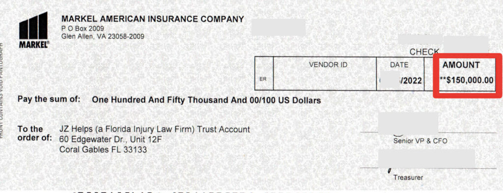 Markel American Insurance Company settlement check for $150,000
