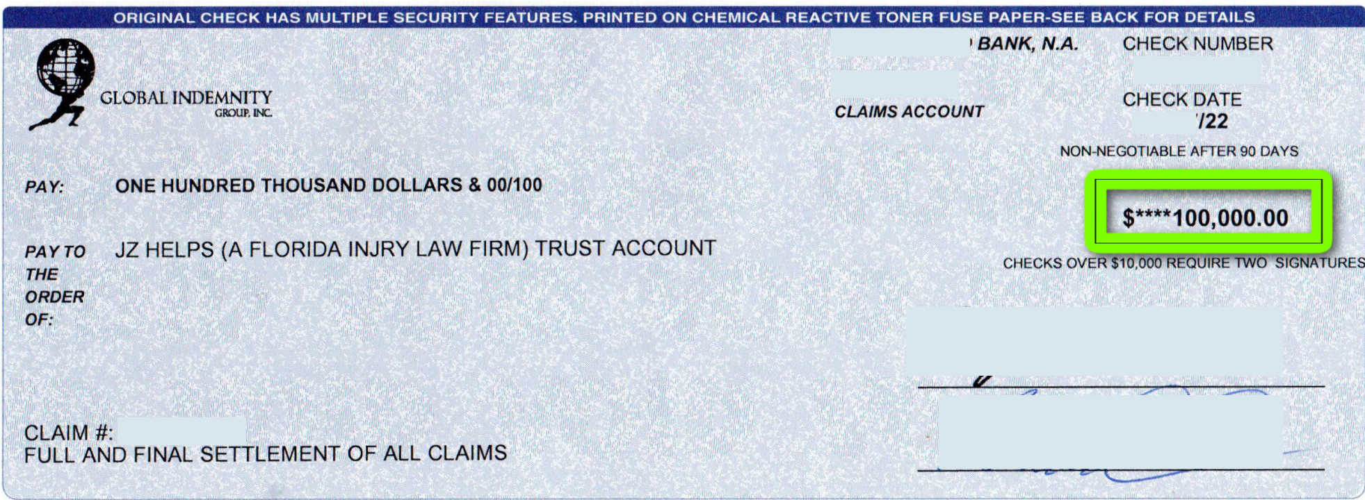 Global Indemnity Group, Inc $100,000 settlement check to JZ helps (a Florida injury law firm)