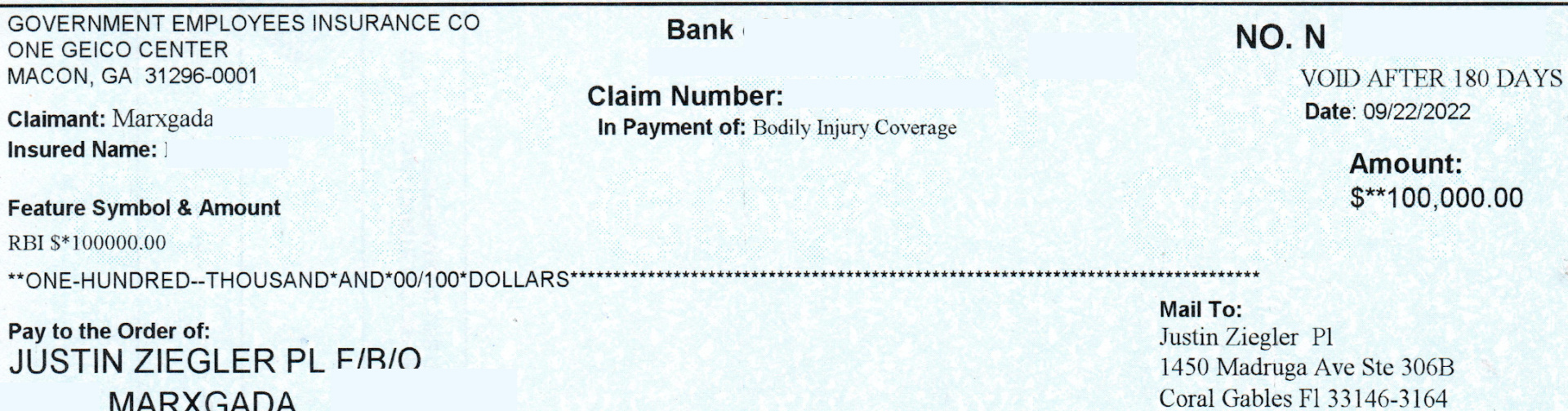 $100,000 GEICO settlement check for bodily injury coverage in 2022 (redacted)