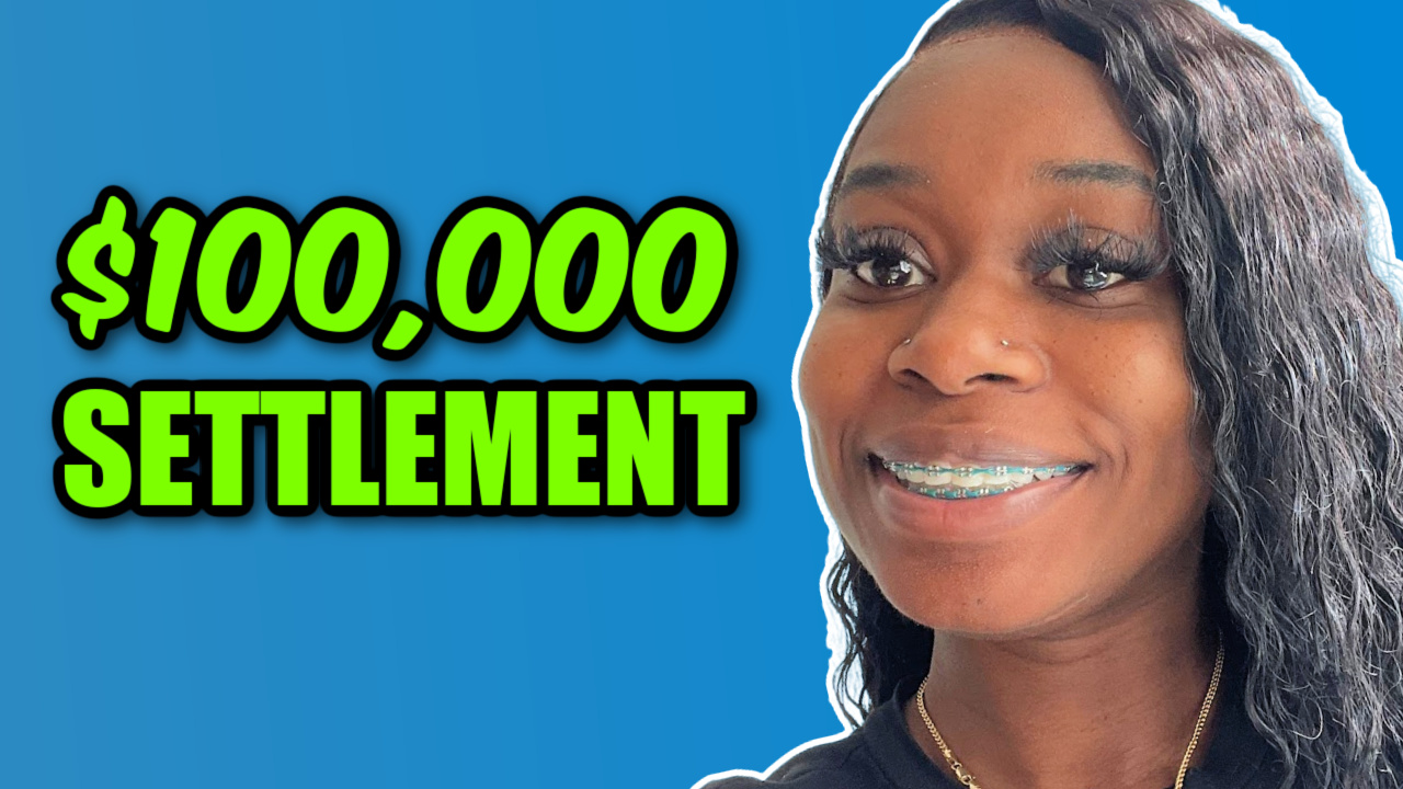woman smiling for $100,000 settlement