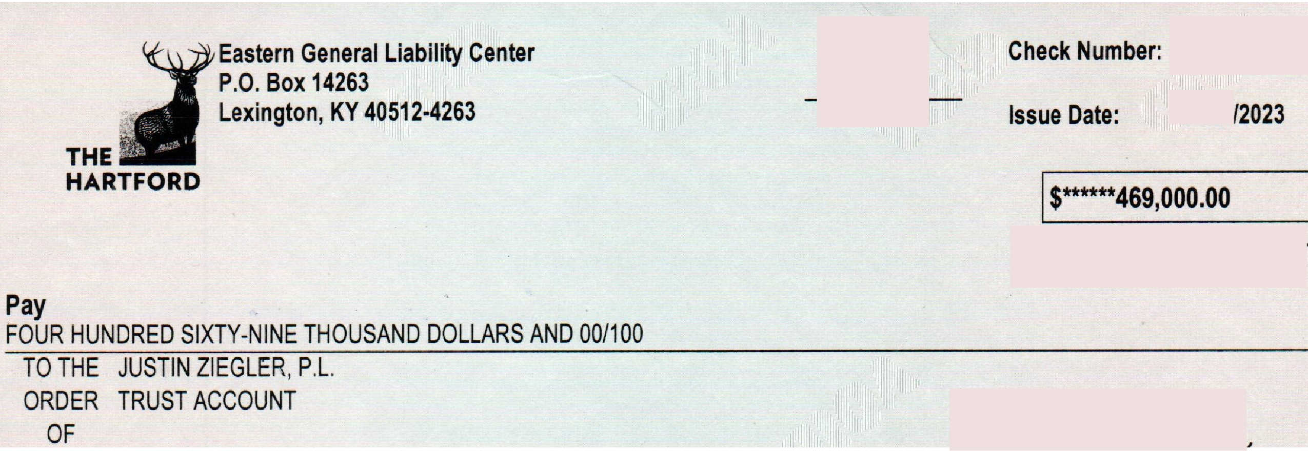$469,000 settlement check from the Hartford General Liability