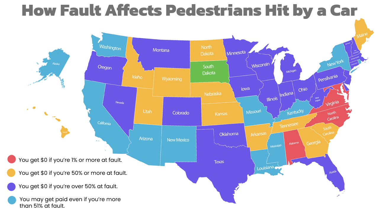 Map of United States showing How Fault affects pedestrians hit by a car