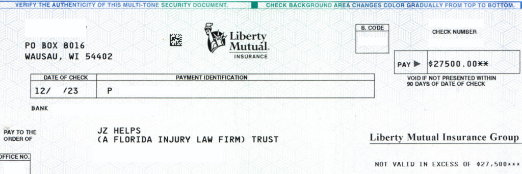 Liberty Mutual Insurance Group settlement check for $27,500
